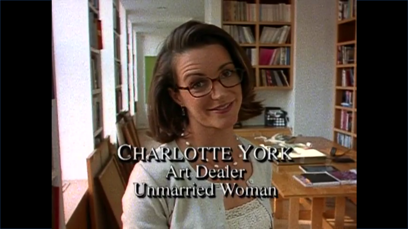 A screenshot of the episode showing the character Charlotte with the caption: "Charlotte York. Art Dealer. Unmarried Woman."