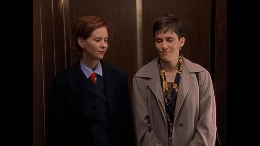 A screenshot from the episode with Miranda and Syd in the elevator
