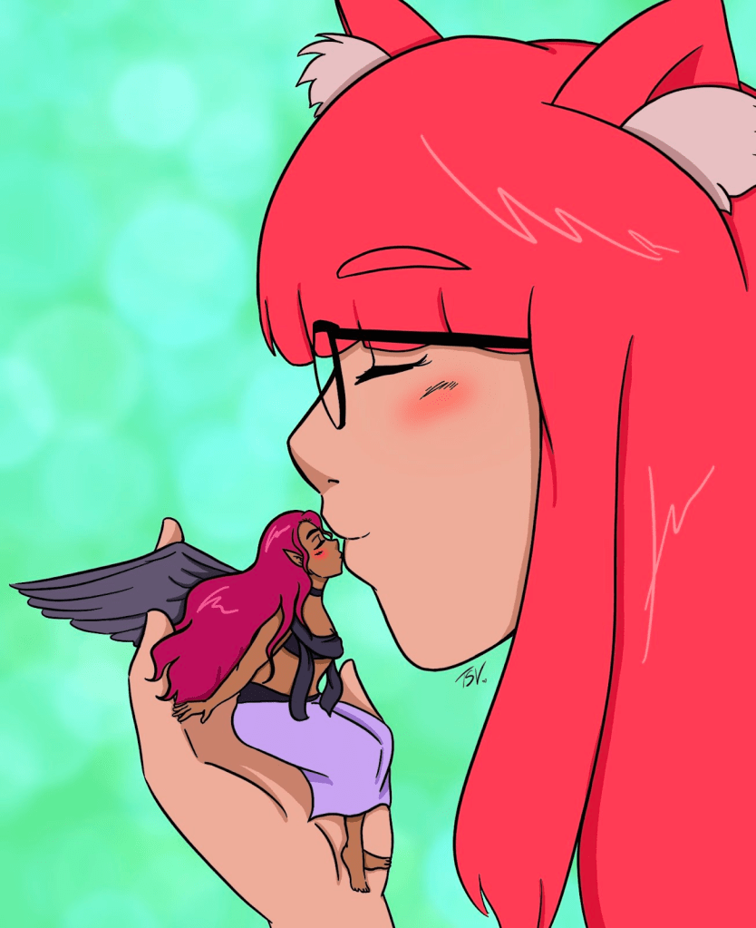 Blythe kissing Aisling who's sitting on her hand